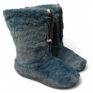 Vintage Y2K Cozy Faux Fur Slipper Polar Boots with Zipper - Teal Blue